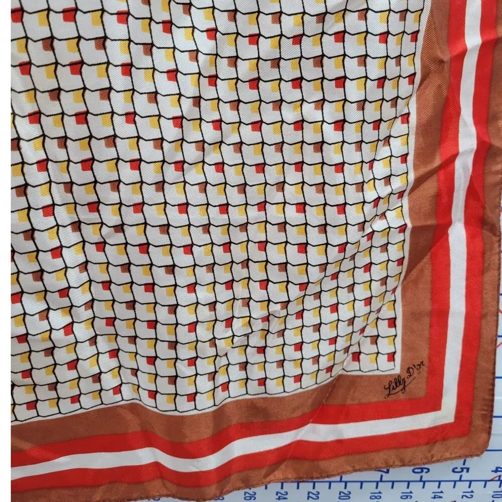Lilly D'Or Geometric Silk Scarf Brown Red Vintage Mod Cottagecore Accessory